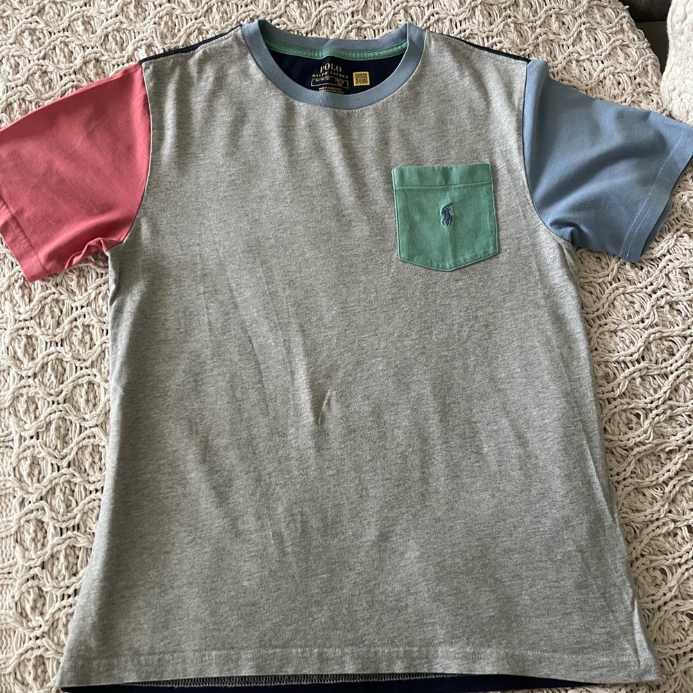 Polo by Ralph Lauren Boys Colorblock Pocket Tee - Gray with Pink, Blue & Green